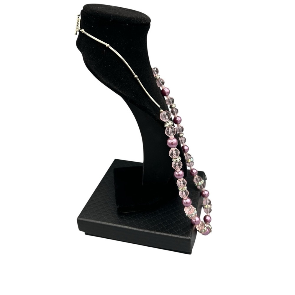 Vintage Pink Beaded Necklace & Earrings Set Glass Pearl Crystal - Picture 7 of 12